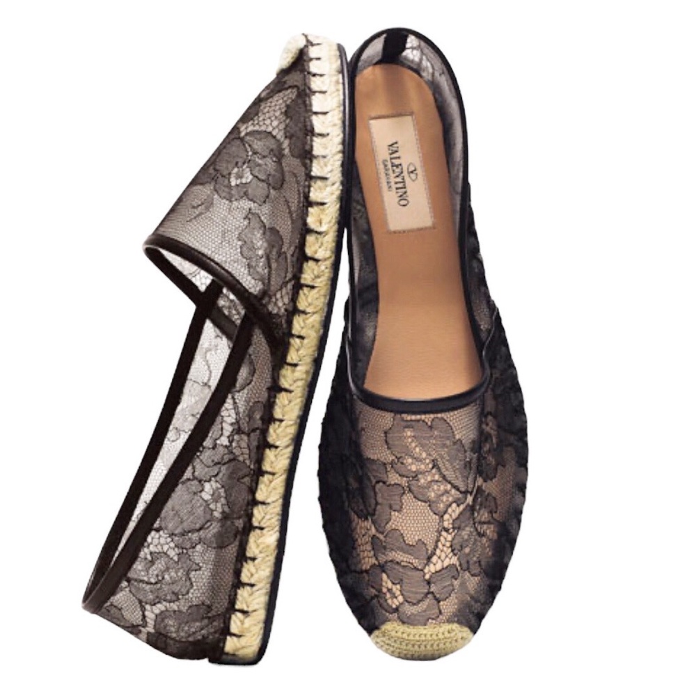 Valentino Garavani Black Lace Espadrilles with Natural Jute Trim
